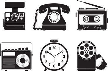 Retro technology icons: camera, phone, radio, clock, film