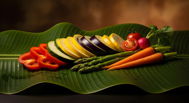 Assortment of fresh, colorful vegetables, including bell peppers, zucchini, squash, eggplant, tomatoes, radishes, asparagus, and carrots, artfully arranged on a banana leaf.