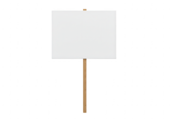 Blank white square protest sign on wooden stick isolated on transparent background