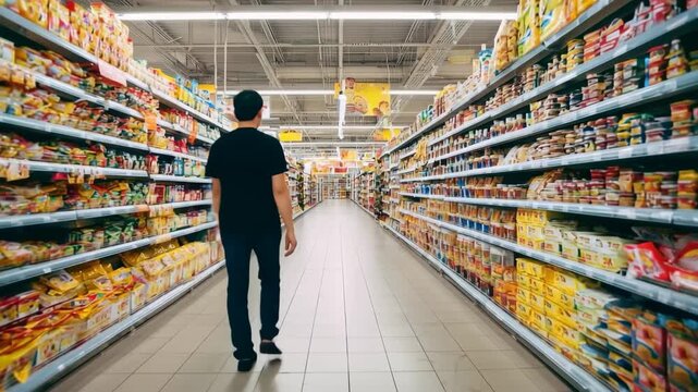Spacious supermarket aisle showcases neatly organized shelves filled with various food products and groceries in a vibrant shopping environment