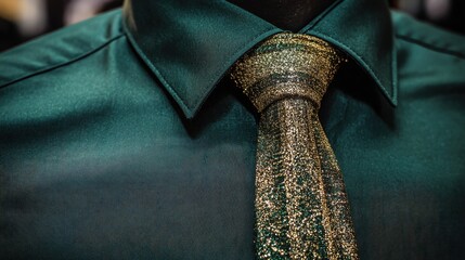 Elegant green shirt with sparkling gold tie, perfect for formal events and business attire, showcasing modern fashion trends and style