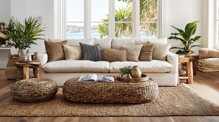Cozy and Inviting Living Room with Natural Textures and Modern Decor Elements