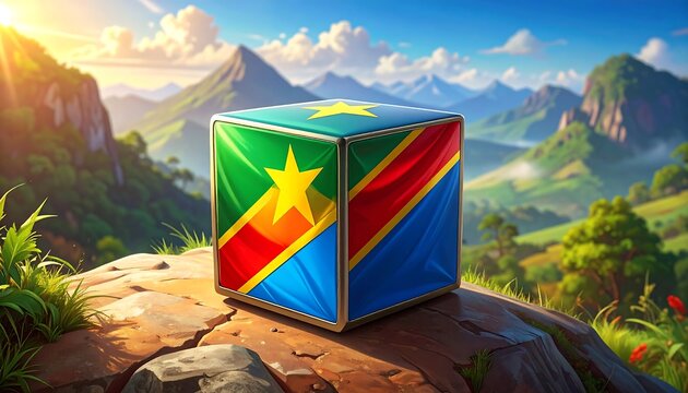 A vibrant, three-dimensional cube, emblazoned with the flag of the Democratic Republic of Congo, sits atop a rocky outcrop, framed by a picturesque mountain vista. - Powered by Adobe