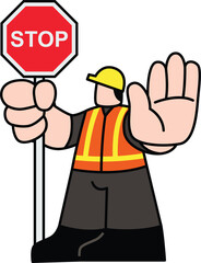 Construction Worker Holding Stop Sign and Hand Gesture for Traffic Control – Safety Illustration