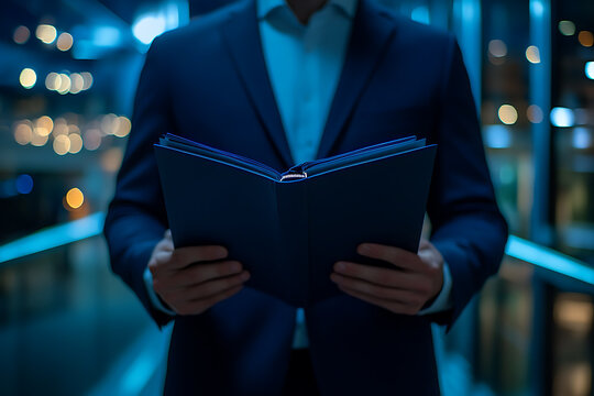 Businessman in suit holding an open folder in a modern office environment with blue lighting