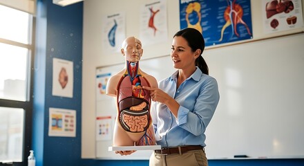 Teacher Explains Human Anatomy Using Model in Classroom.