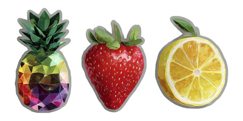 Fototapeta premium Colorful Geometric Fruits Pineapple Strawberry Lemon Isolated on Transparent Background