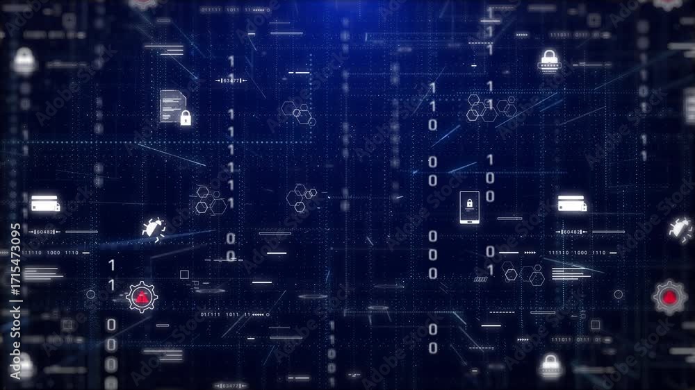Aufkleber high-tech cyber intelligence workspace with security icons, data analytics visualization, and dots a