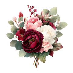 Dark Red Pink White Roses Bouquet on Black Background