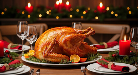 A beautifully roasted whole turkey is the centerpiece of a festive, candlelit dinner table set for a holiday meal.
