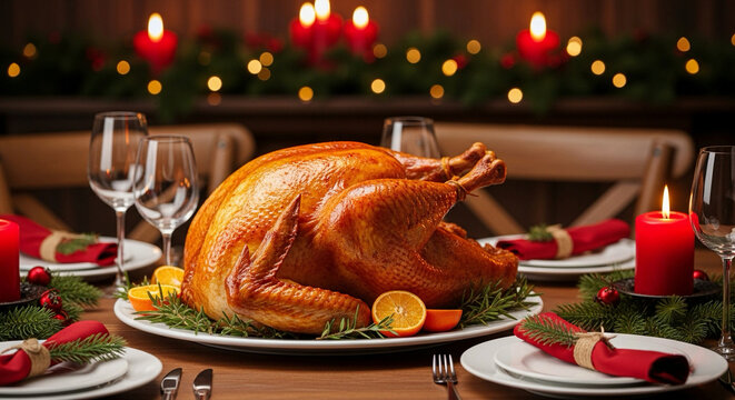 A beautifully roasted whole turkey is the centerpiece of a festive, candlelit dinner table set for a holiday meal.