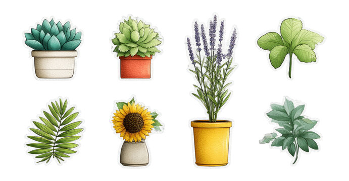 Fototapeta Colorful Collection of Isolated Potted Plants with Unique Shapes and Styles