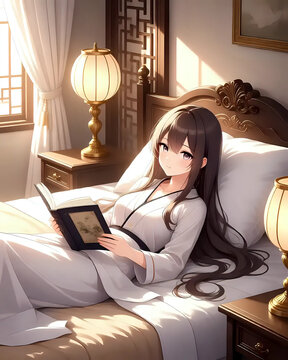 illustration num&eacute;rique d'une jeune fille brune en style manga et qui est en train de lire dans son lit