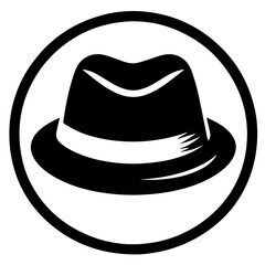 Illustration of a black fedora hat with a white band inside a black and white circle design element