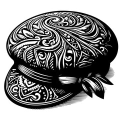 Detailed black and white illustration of a decorative cap with intricate swirl and floral designs