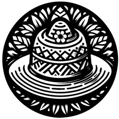 Illustration of a decorative sombrero with floral accents and intricate patterns inside a circular frame design