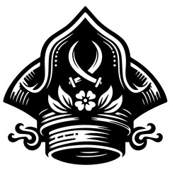 Illustration of a pirate hat with crossed swords and a flower in a black and white color scheme design