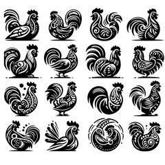 Collection of sixteen stylized rooster illustrations in black and white with intricate patterns and designs