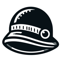 Illustration of a black pith helmet with a white band and button detail on a white background