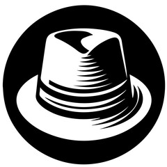 Illustration of a white fedora hat with black stripes inside a black circle background design element