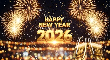 Happy New Year 2026 Celebration with Fireworks, Confetti and Golden 3D Text