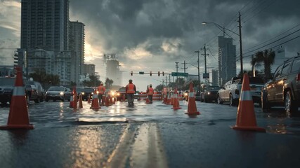 Emergency responders practice urban traffic management in flooded conditions with stormy skies and city buildings at sunset