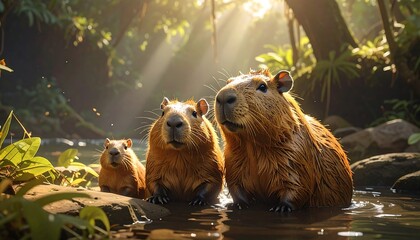 Three capybara in a tranquil rainforest stream bask in golden sunlight.