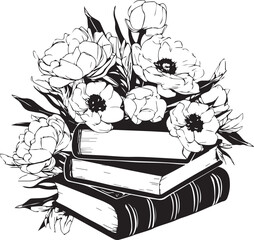 Literary Bouquet: A black and white illustration showcases a delightful arrangement of books intertwined with blooming flowers, symbolizing the beauty of knowledge and growth.