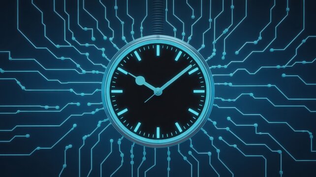 Time's Technological Embrace: A sleek analog clock is intertwined with intricate circuit board pathways, symbolizing the convergence of time and technology.