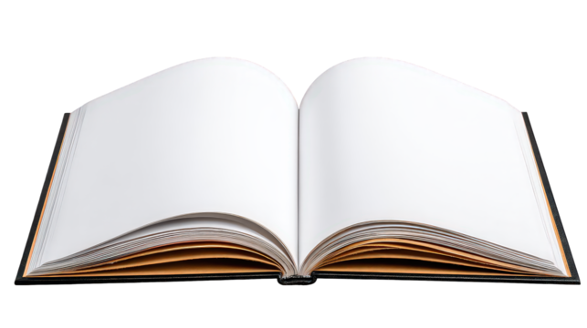 Open Blank Book with Golden Edges on Transparent Background