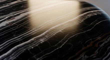 Polished black marble surface with striking white veins and a soft light reflection