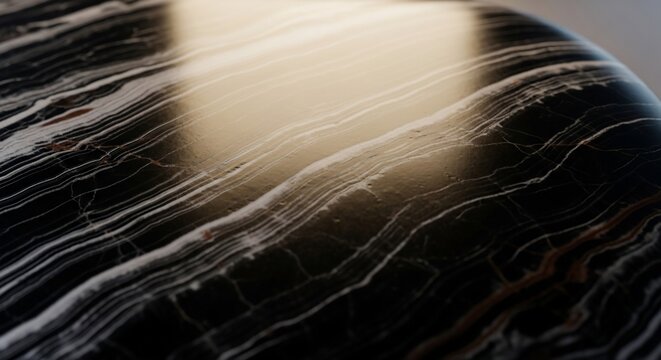 Polished black marble surface with striking white veins and a soft light reflection