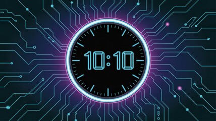 Digital timekeeping in Circuitry: A sleek digital clock, displaying the precise time of 10:10, is nestled within an intricate web of circuit board pathways.