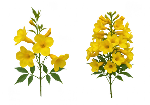 Two vibrant yellow trumpet shaped flowers with green leaves isolated on transparent background