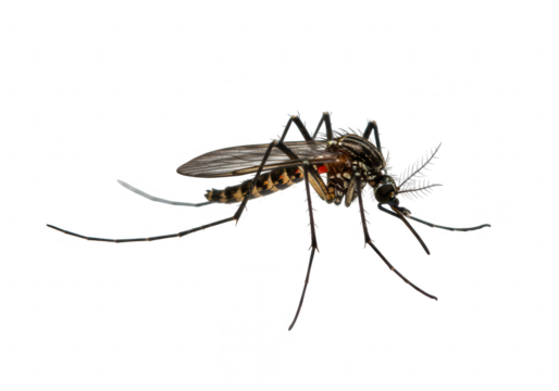 Detailed macro photograph of a mosquito with intricate wing patterns and long legs isolated on transparent background