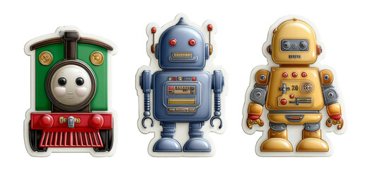 Fototapeta premium Colorful Cartoon Robots and Train Illustrations with Isolated Transparent Background