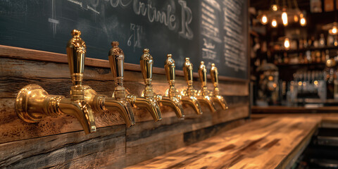 Craft beer taps on wooden bar counter in rustic pub setting