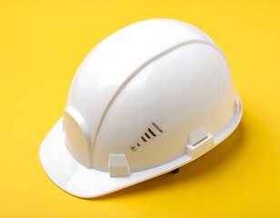 Fototapeta premium A pristine white safety helmet rests on a vibrant yellow background, showcasing its sturdy construction and protective design.