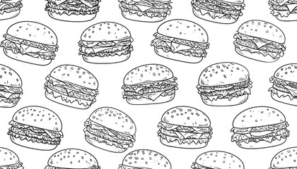 Hand-drawn, detailed illustrations of various hamburgers create a repeating pattern on a white background.
