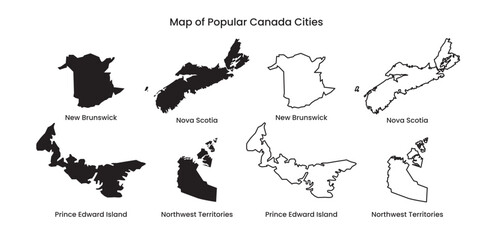 Canada Map Vector, Provinces and Territories Silhouette and Outline Illustration Set