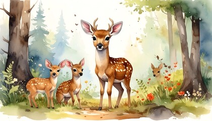 A picturesque woodland scene showcases a doe and two fawns amidst vibrant wildflowers and lush greenery.
