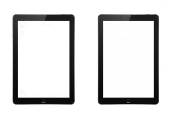 Two modern electronic tablets side by side showing different screen states isolated on transparent background