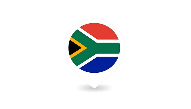 A white background displays a location marker with the South African flag, vibrant and symbolic.