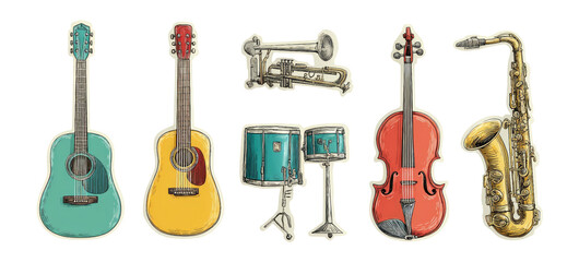 Naklejka premium Vintage Musical Instruments in Vibrant Colors with Transparent Background