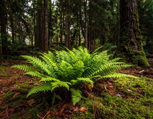 Fototapeta premium A vibrant fern thrives amidst the shaded forest floor, bathed in dappled sunlight.