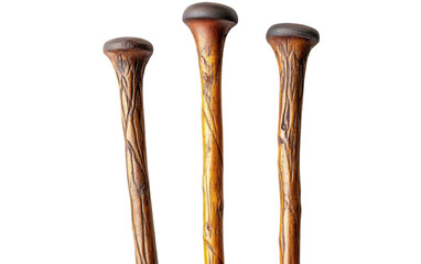 Three antique wooden walking canes with carved handles isolated on transparent background