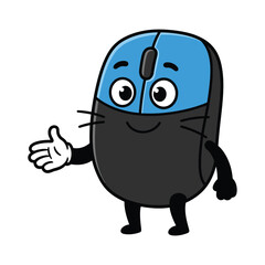 Fototapeta premium Mouse cursor mascot ready to shake hand in blue black UI vector style isolated