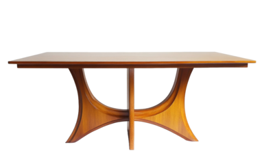 Elegant wooden dining table with unique curved legs isolated on transparent background