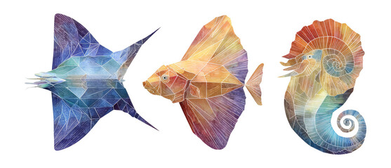 Fototapeta premium Colorful Geometric Fish and Seahorse in Abstract Art Style on Transparent Background