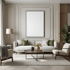 A 3D illustration of a living room interior with modern furniture and poster frame, showcasing a modern interior design.